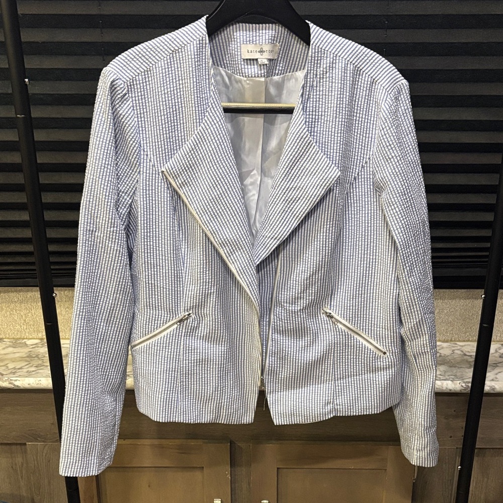 Kate Rosy Blue & White Striped Seersucker Zip Front‎ Pockets Blazer Jacket WN XL
